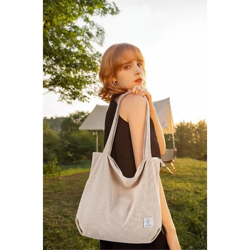 Women Corduroy Zipper Casual Tote Big Capacity Bag with Pockets